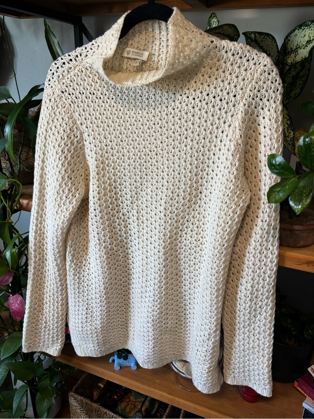 Kinross Cashmere Cream Open-Knit Funnel Neck Sweater | Large